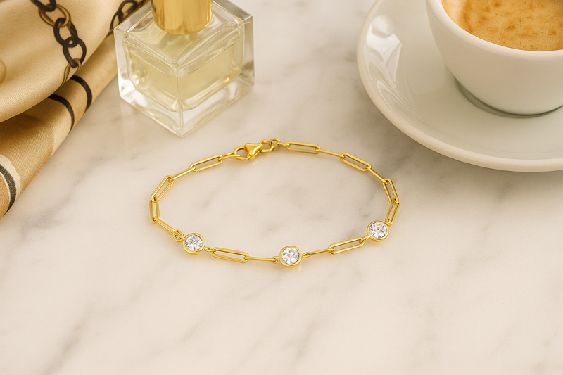 Three-Stone Lab Grown Bezel Paperclip Bracelet