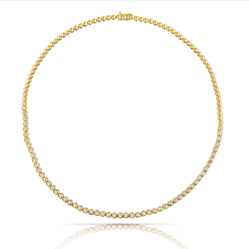 Half-Way Bezel Set Yellow Gold Natural Diamond Tennis Necklace