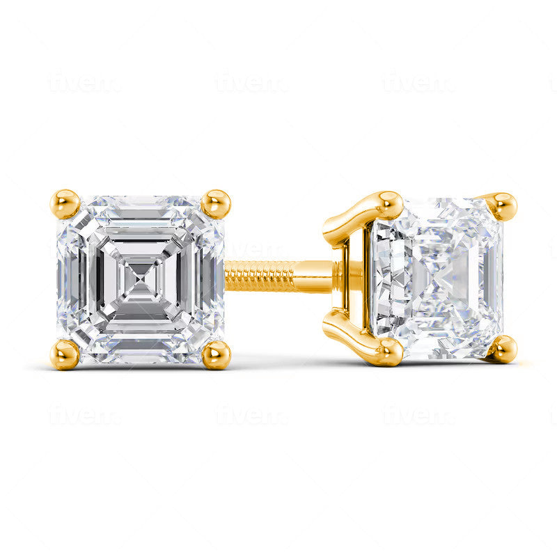 Certified 14 Karat Gold Lab Grown Asscher-Cut Diamond Stud Earrings