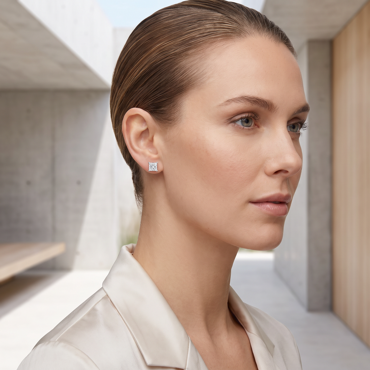 Princess-Cut Lab Grown Diamond Stud Earrings worn - lifestyle