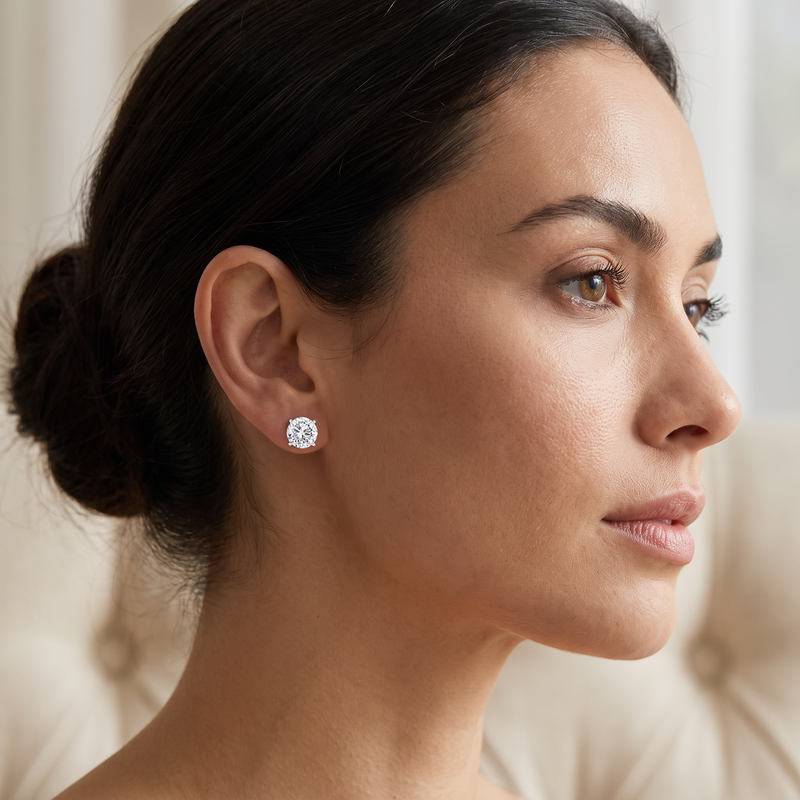 Lab Grown Round Diamond Stud Earrings worn - lifestyle