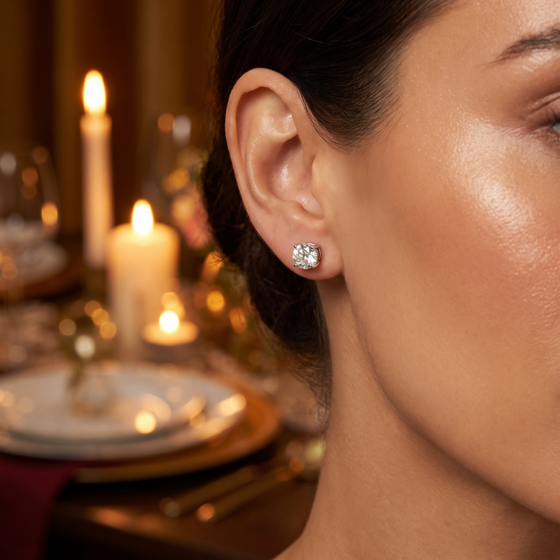 Natural Round Diamond Stud Earrings worn - lifestyle
