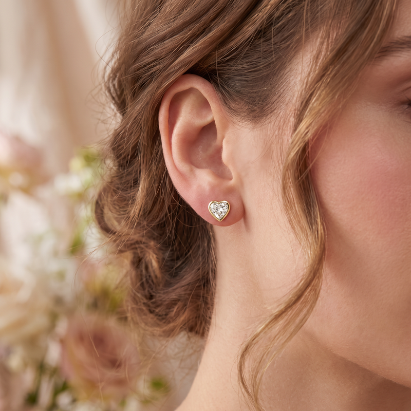 Lab Grown Heart Shape Diamond Stud Earrings worn - lifestyle