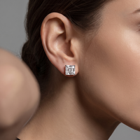 Lab Grown Asscher-Cut Diamond Stud Earrings worn - lifestyle