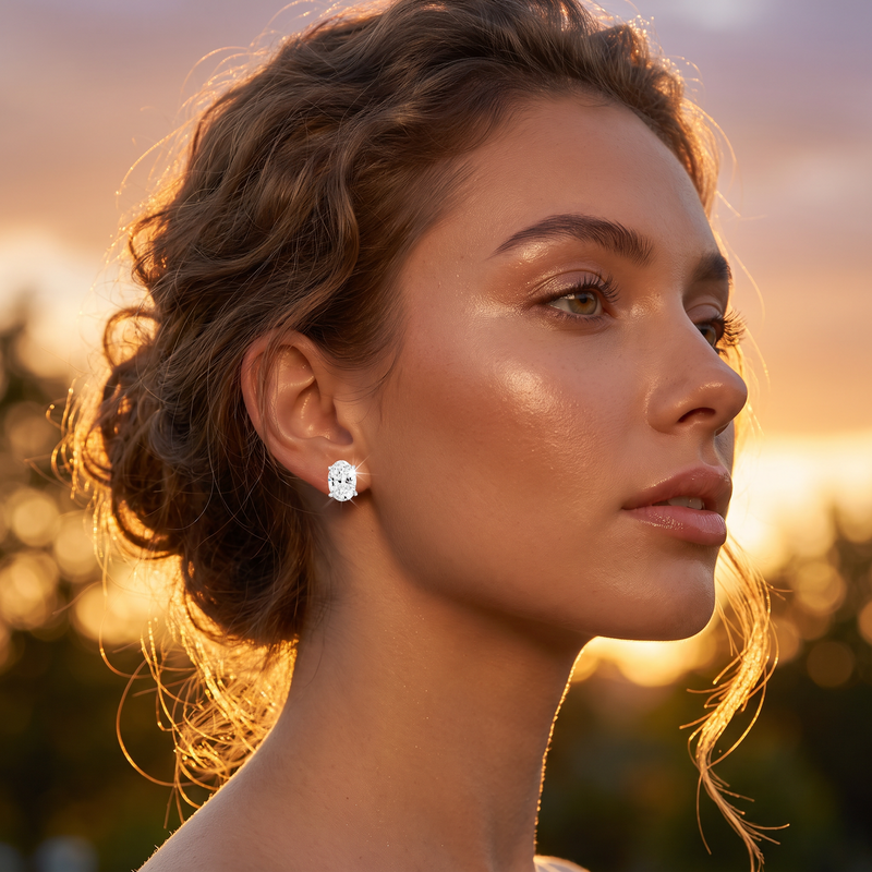 Lab Grown Oval Shape Diamond Stud Earrings worn - lifestyle