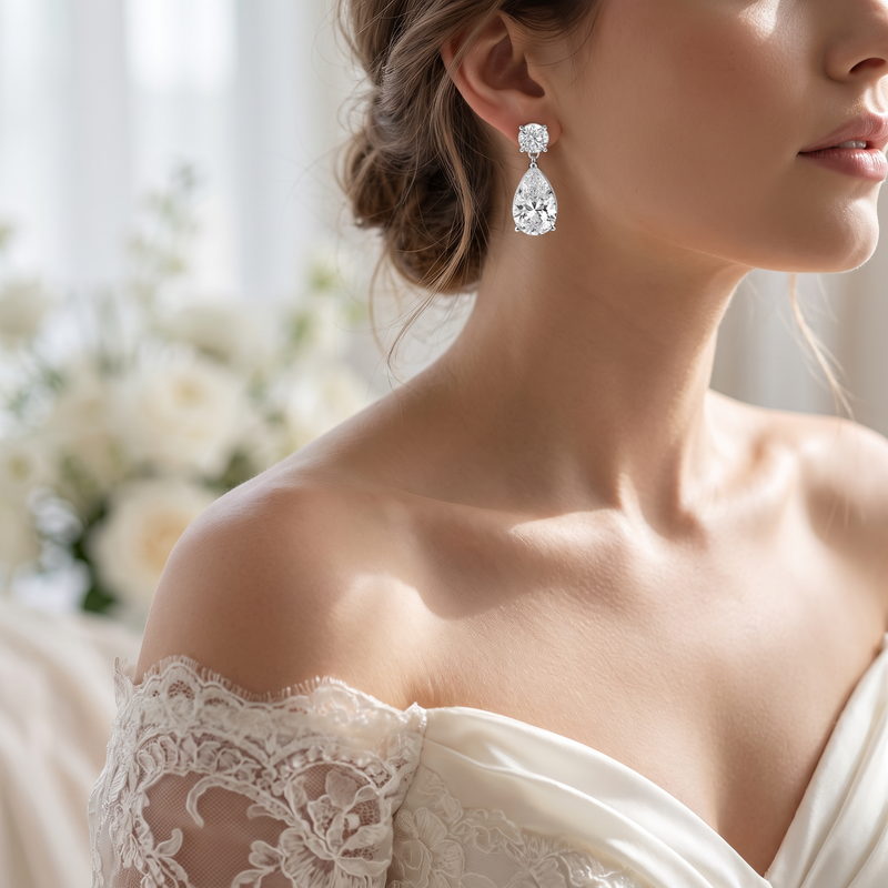 Round and Pear Shape Dangling Earrings worn - lifestyle