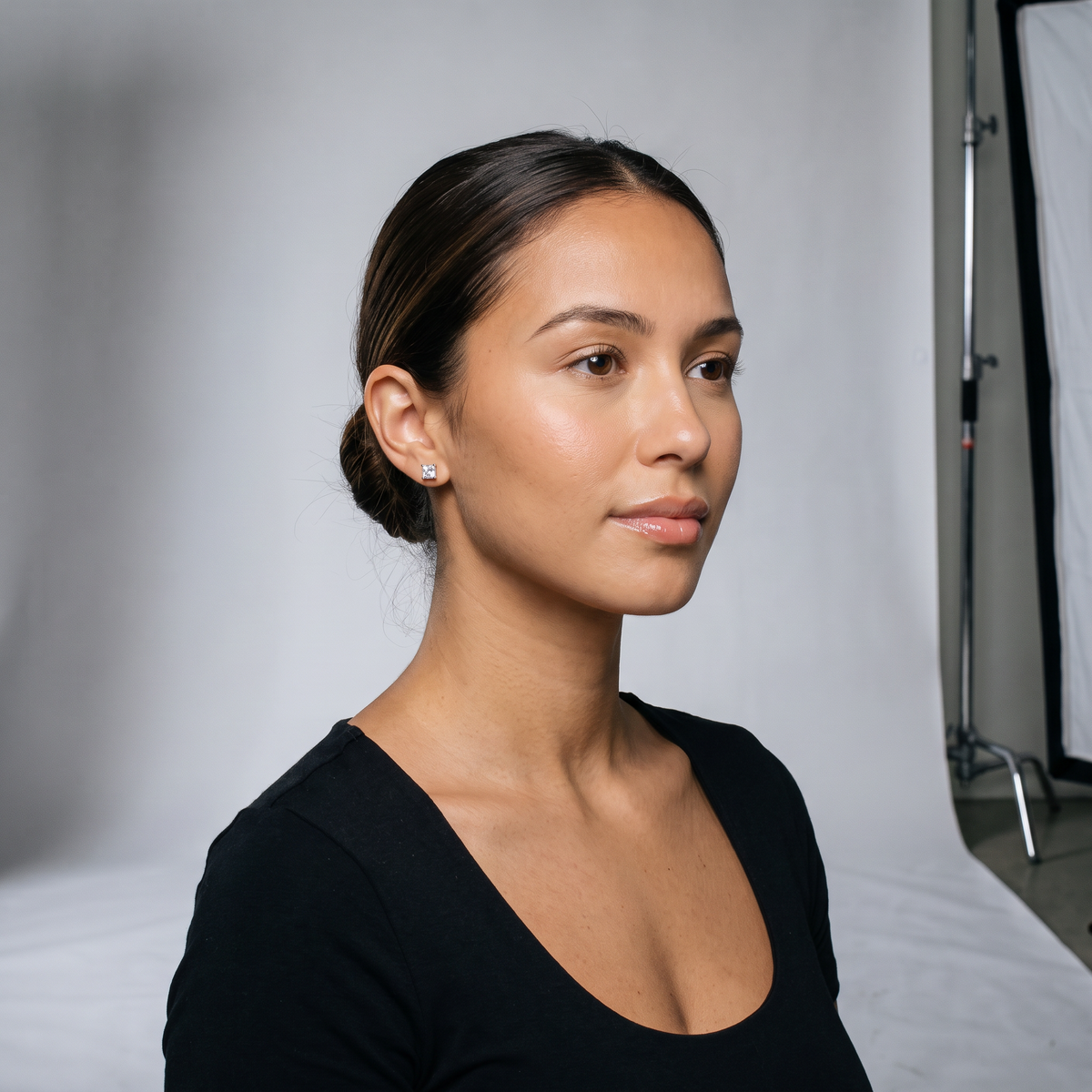 Princess-Cut Lab Grown Diamond Stud Earrings on model - studio photoshoot
