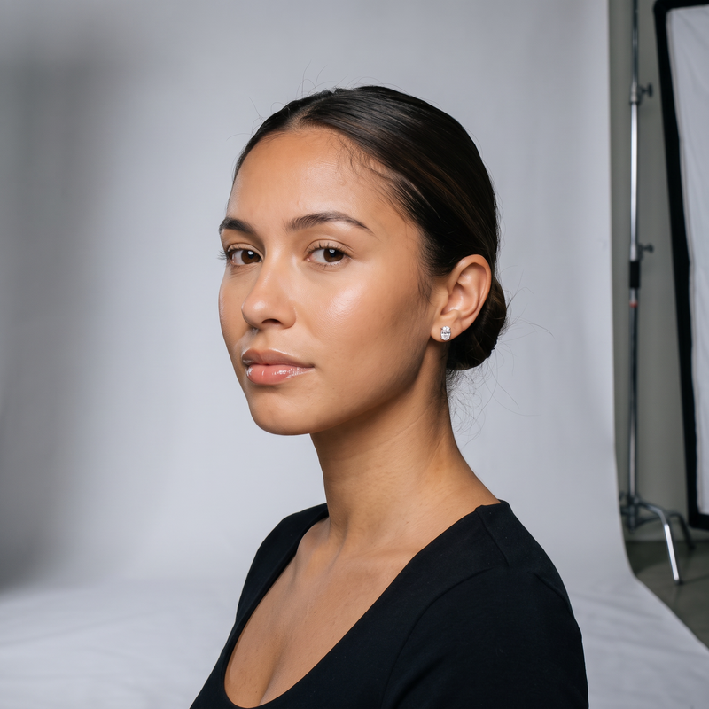 Lab Grown Oval Shape Diamond Stud Earrings on model - studio photoshoot