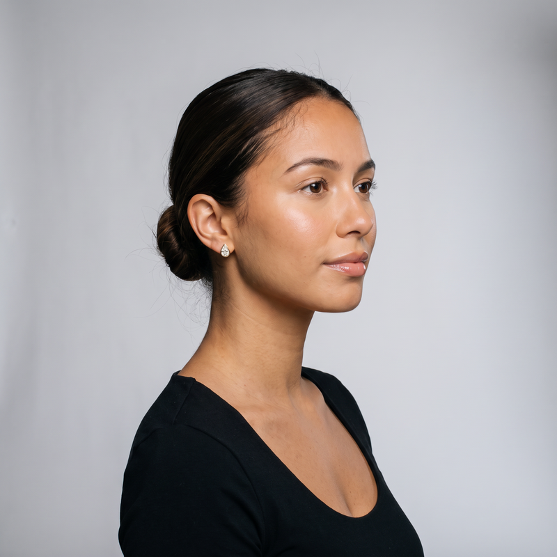 Lab Grown Pear Shape Diamond Stud Earrings on model - studio photoshoot