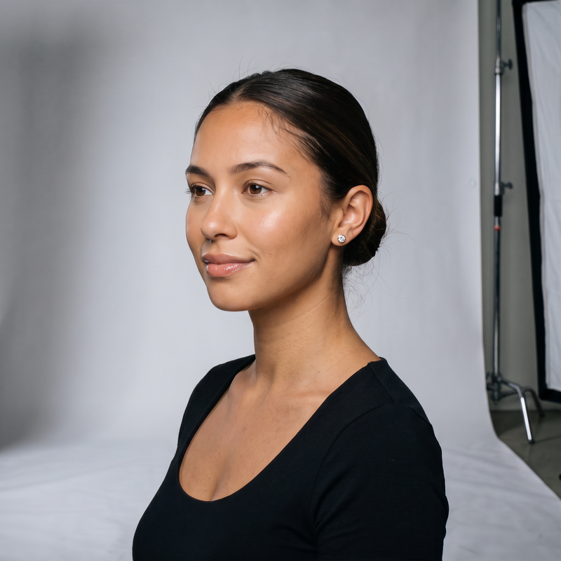 Round Bezel Set Lab Grown Diamond Stud Earrings on model - studio photoshoot