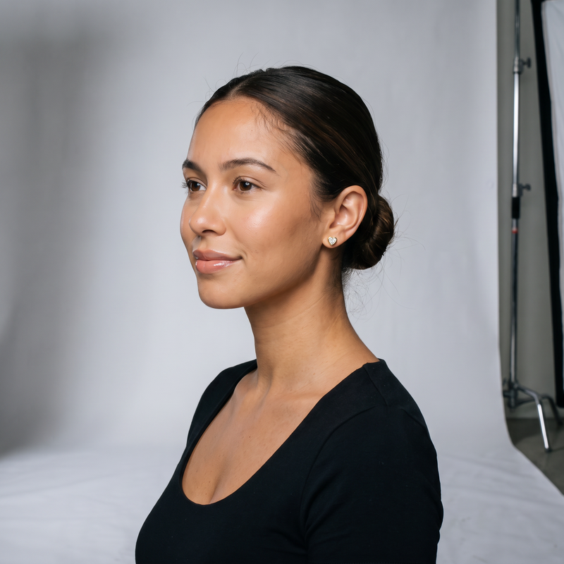 Lab Grown Heart Shape Diamond Stud Earrings on model - studio photoshoot