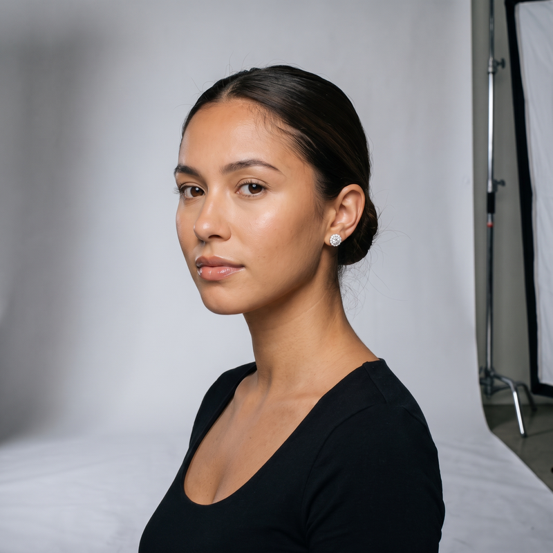 Clustered Diamond Halo Stud Earrings on model - studio photoshoot