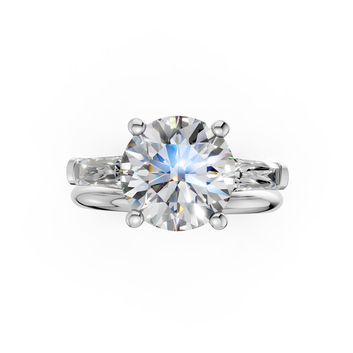 3.50ct Lab Grown Round-Cut Diamond with Tapered Baguettes Engagement Ring